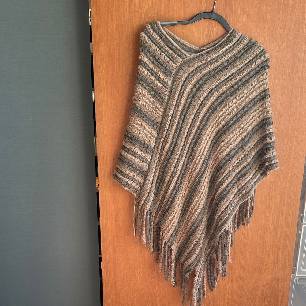 Elegant Striped Fringe Poncho in Brown and Olive